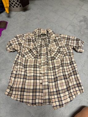 Eddie Bauer Beige, Navy and Brown Plaid Short-Sleeve Button-Down